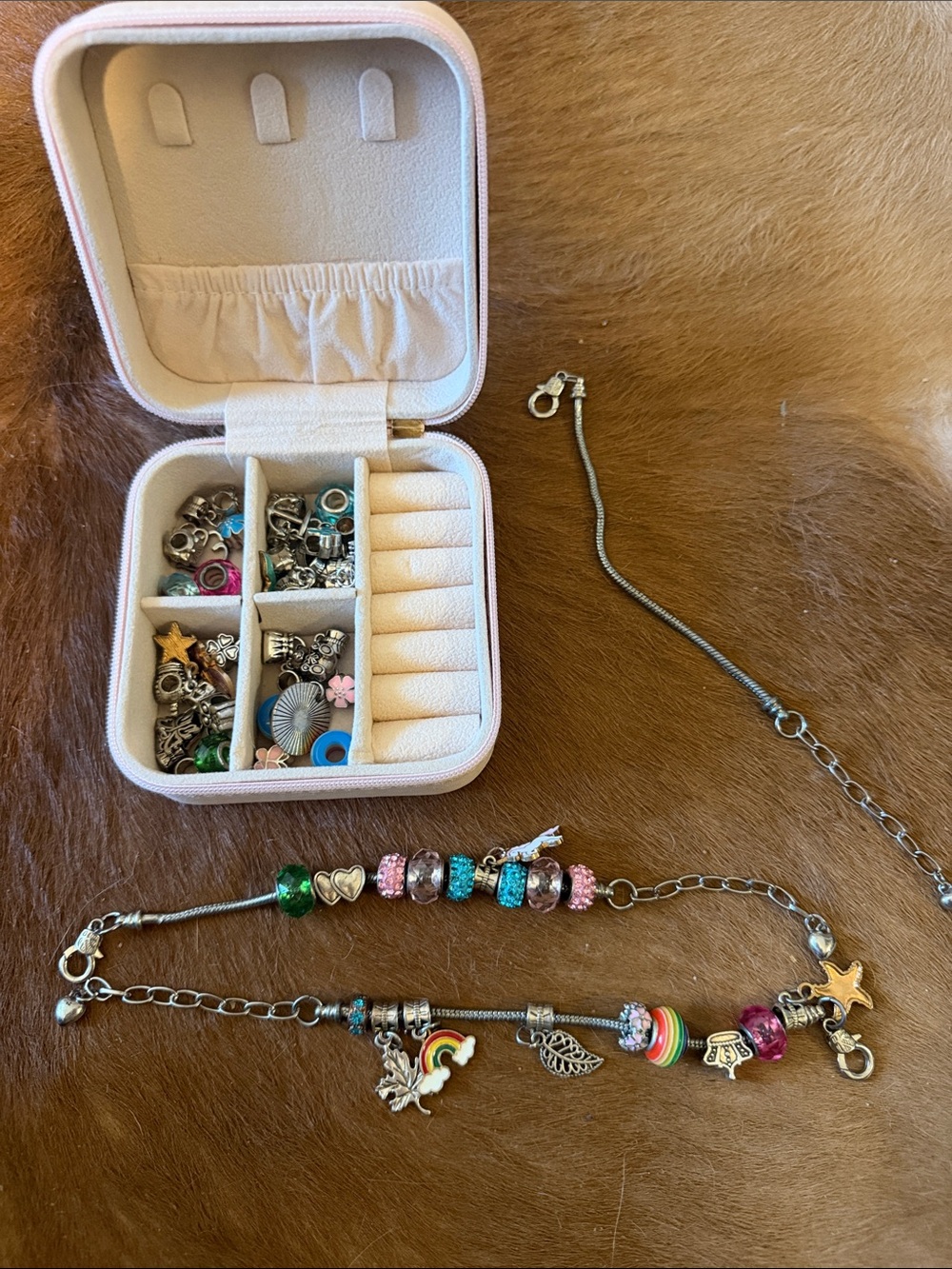 Charm Bracelet Making Kit + Pink Travel Jewelry Box & Extra Beads/Charms